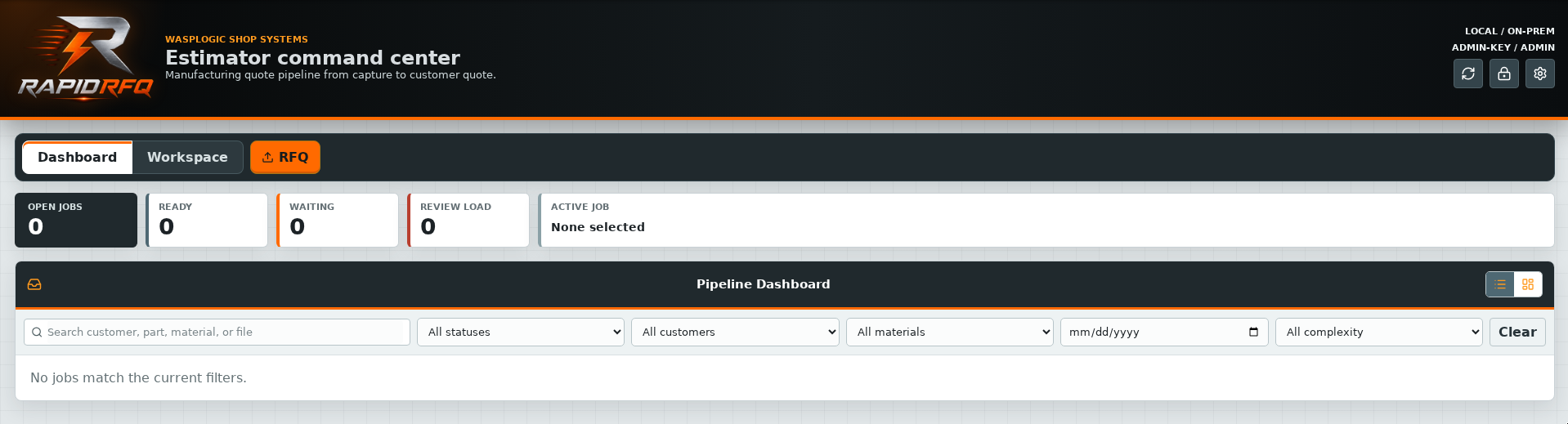 RapidRFQ estimator dashboard with RFQ pipeline status, filters, and on-prem controls.