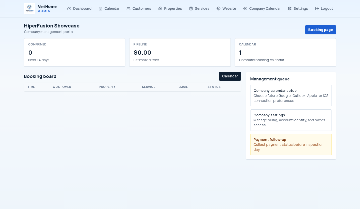 VeriHome admin dashboard for inspection operations scheduling and workspace management.